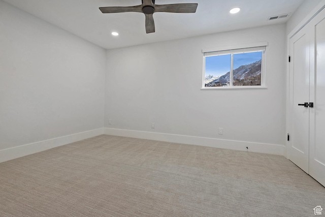 interior space featuring visible vents, recessed lighting, baseboards, and ceiling fan