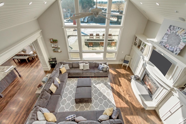 living room featuring wood-type flooring and ceiling fan