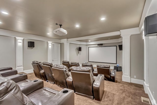 home theater room with ornate columns