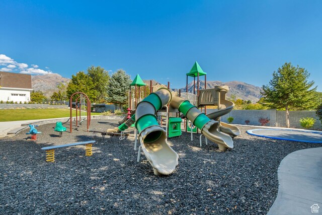 view of play area with a mountain view