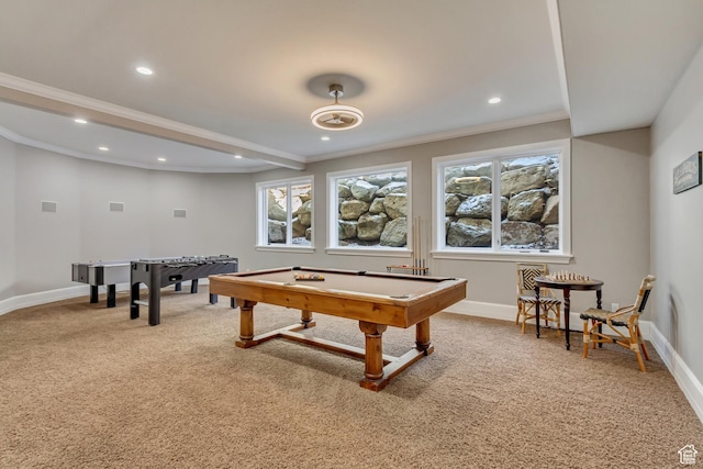 game room with crown molding, pool table, and carpet
