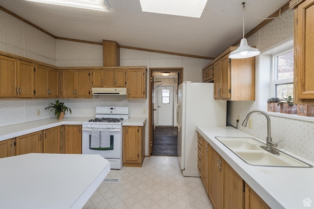kitchen featuring sink, white appliances, vaulted ceiling with skylight, a textured ceiling, and decorative light fixtures