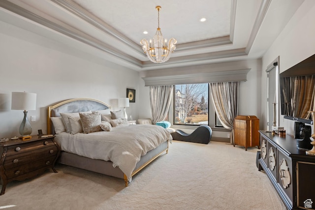 9632 N 5650 W, Highland, UT 84003 - bedroom featuring ornamental molding, a tray ceiling, a chandelier, and light carpet
