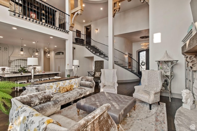 9632 N 5650 W, Highland, UT 84003 - living room featuring dark wood-type flooring and a towering ceiling