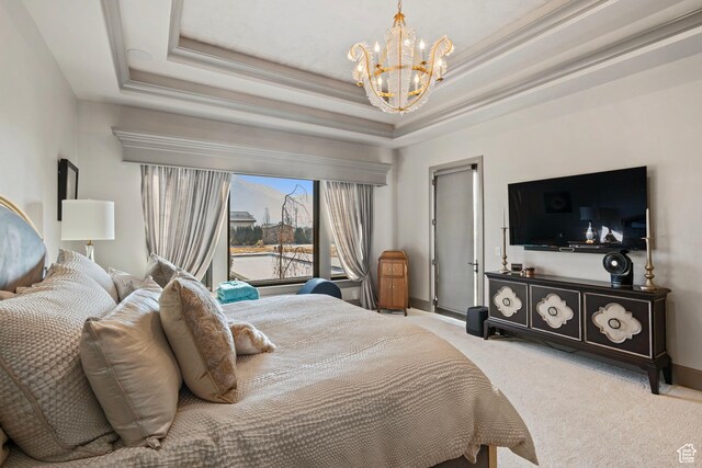 9632 N 5650 W, Highland, UT 84003 - bedroom featuring a raised ceiling, carpet floors, and a chandelier