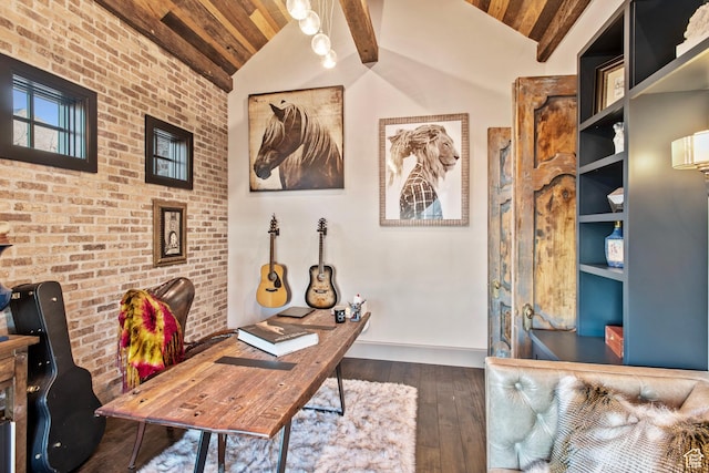 9632 N 5650 W, Highland, UT 84003 - home office featuring dark hardwood / wood-style flooring, lofted ceiling with beams, wooden ceiling, and brick wall