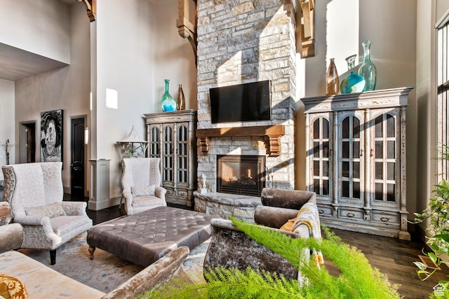 9632 N 5650 W, Highland, UT 84003 - living room with hardwood / wood-style flooring, a stone fireplace, and a towering ceiling