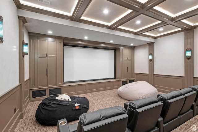 9632 N 5650 W, Highland, UT 84003 - carpeted home theater featuring coffered ceiling, beam ceiling, and crown molding