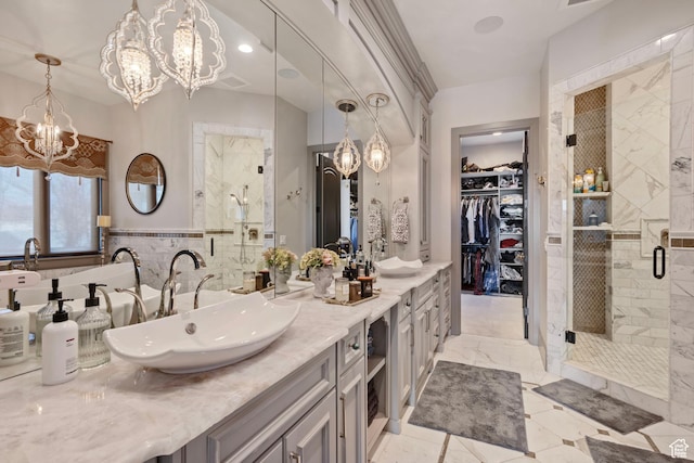 9632 N 5650 W, Highland, UT 84003 - bathroom featuring an inviting chandelier, vanity, and walk in shower