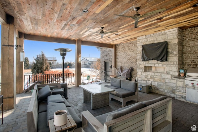 9632 N 5650 W, Highland, UT 84003 - view of patio featuring ceiling fan and an outdoor living space with a fireplace