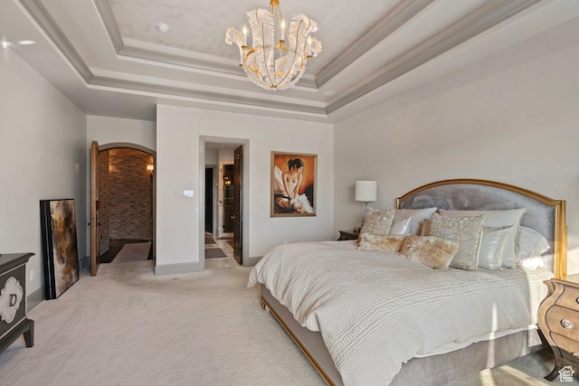 9632 N 5650 W, Highland, UT 84003 - carpeted bedroom with an inviting chandelier, ornamental molding, a raised ceiling, and ensuite bathroom