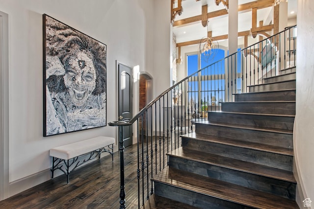 9632 N 5650 W, Highland, UT 84003 - stairway featuring beamed ceiling and hardwood / wood-style floors