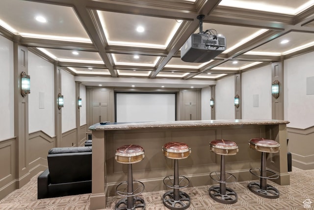 9632 N 5650 W, Highland, UT 84003 - cinema room with coffered ceiling, beam ceiling, crown molding, and bar area