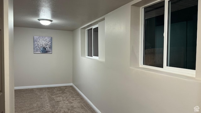 hall with carpet floors and a textured ceiling