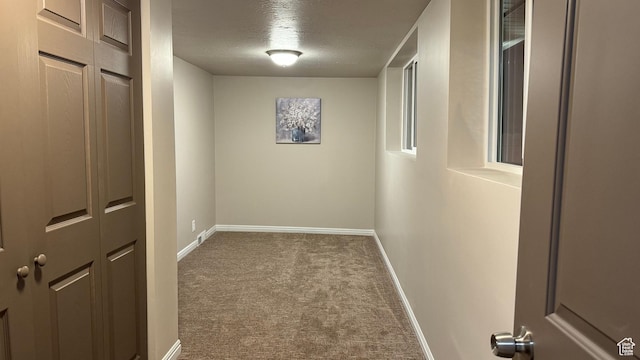hallway with carpet flooring and a textured ceiling