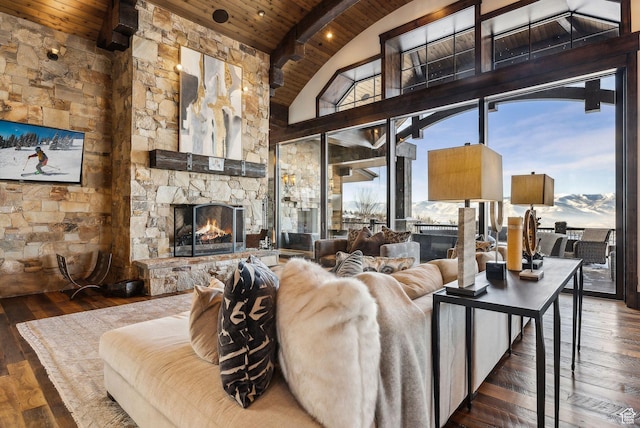 8435 N Ranch Garden Rd, Park City, UT 84098 - living area featuring wood ceiling, a stone fireplace, and hardwood / wood-style floors
