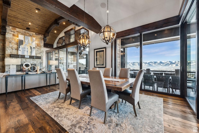 8435 N Ranch Garden Rd, Park City, UT 84098 - dining area with a chandelier, high vaulted ceiling, hardwood / wood-style flooring, a mountain view, and wood ceiling with exposed beams