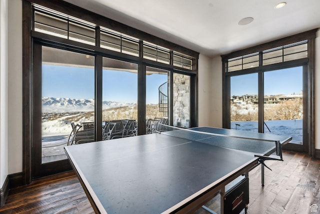 8435 N Ranch Garden Rd, Park City, UT 84098 - recreation room featuring dark wood-style floors, a mountain view, and recessed lighting