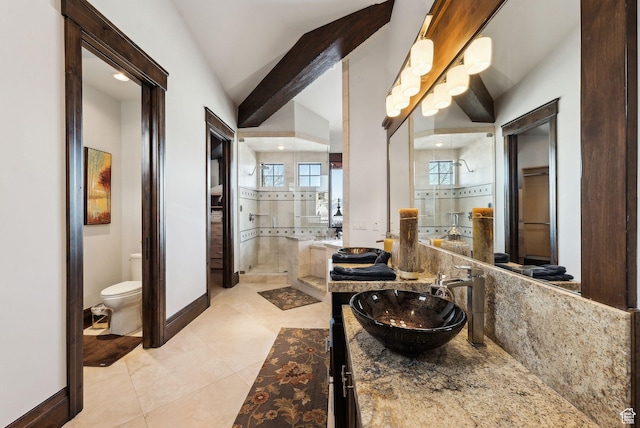 8435 N Ranch Garden Rd, Park City, UT 84098 - bathroom featuring toilet, double vanity, a shower, tile patterned flooring, and vaulted ceiling