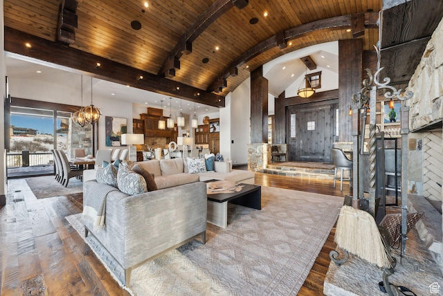 8435 N Ranch Garden Rd, Park City, UT 84098 - living area with wood-type flooring, recessed lighting, a fireplace, a chandelier, and wooden ceiling