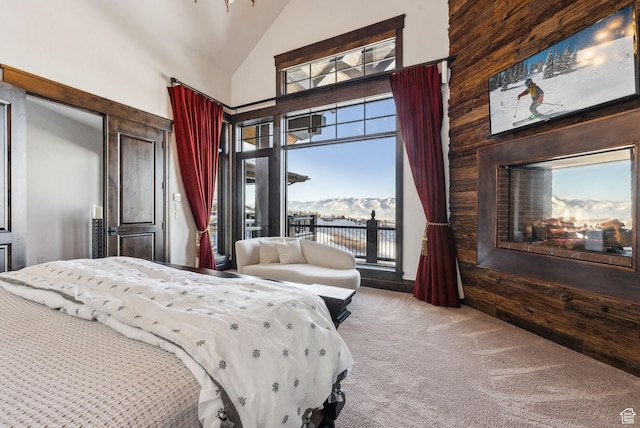 8435 N Ranch Garden Rd, Park City, UT 84098 - carpeted bedroom with access to outside, high vaulted ceiling, and a water view