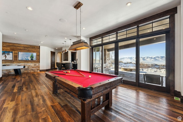 8435 N Ranch Garden Rd, Park City, UT 84098 - rec room featuring wood walls, dark wood-type flooring, pool table, recessed lighting, and a mountain view