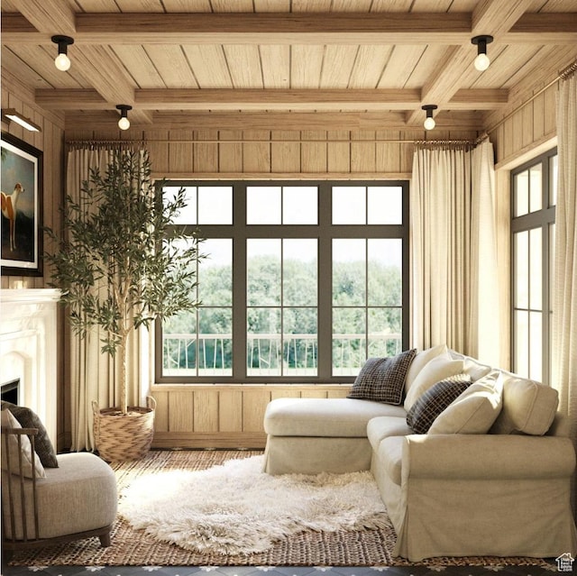 sunroom featuring coffered ceiling, wooden ceiling, and beamed ceiling