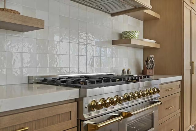 208 W Stone Gate Ln, Provo, UT 84604 - kitchen with range with two ovens, open shelves, decorative backsplash, and light countertops