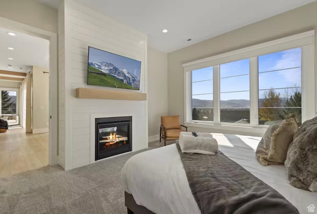 208 W Stone Gate Ln, Provo, UT 84604 - bedroom with recessed lighting, a large fireplace, baseboards, and carpet flooring