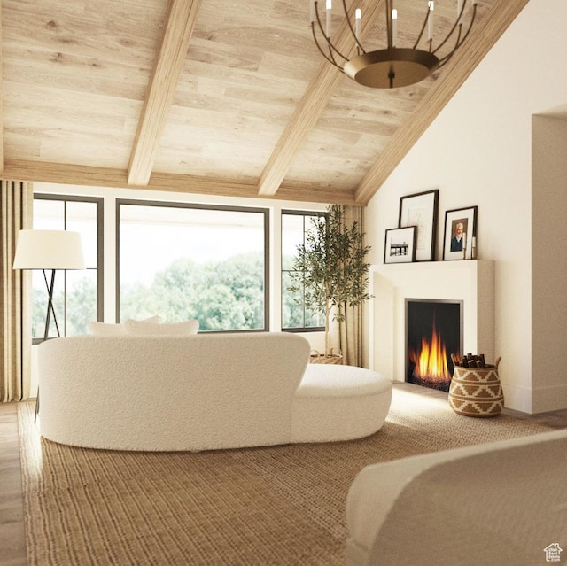 carpeted living room with vaulted ceiling with beams and wooden ceiling