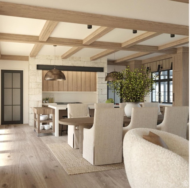 dining space featuring beamed ceiling, coffered ceiling, and light hardwood / wood-style flooring
