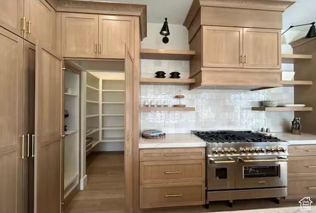 208 W Stone Gate Ln, Provo, UT 84604 - kitchen featuring open shelves, range with two ovens, light countertops, backsplash, and wood finished floors