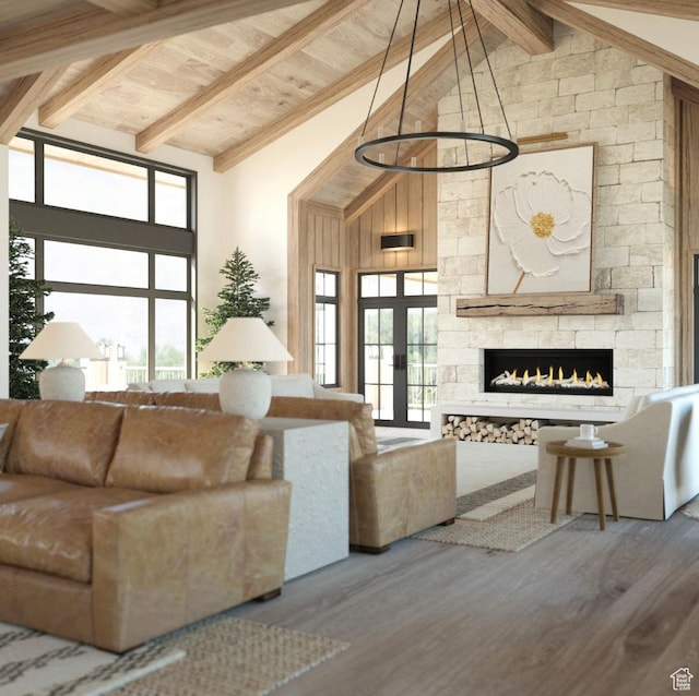 living room featuring a stone fireplace, wood ceiling, high vaulted ceiling, beam ceiling, and hardwood / wood-style floors