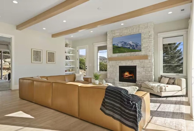 208 W Stone Gate Ln, Provo, UT 84604 - living room featuring beamed ceiling, wood finished floors, a fireplace, recessed lighting, and baseboards