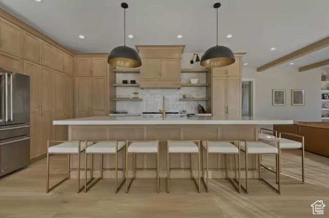 208 W Stone Gate Ln, Provo, UT 84604 - kitchen featuring open shelves, light brown cabinets, tasteful backsplash, light wood-style flooring, and freestanding refrigerator