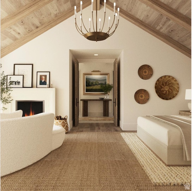 corridor with beam ceiling, wood ceiling, carpet, and an inviting chandelier