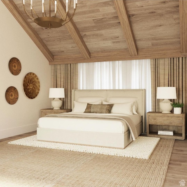 bedroom featuring wood ceiling, vaulted ceiling with beams, wood-type flooring, and a notable chandelier