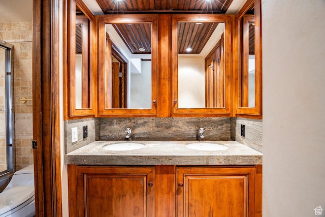 751 Main St Unit 415, Park City, UT 84060 - bathroom featuring decorative backsplash, vanity, wood ceiling, walk in shower, and toilet