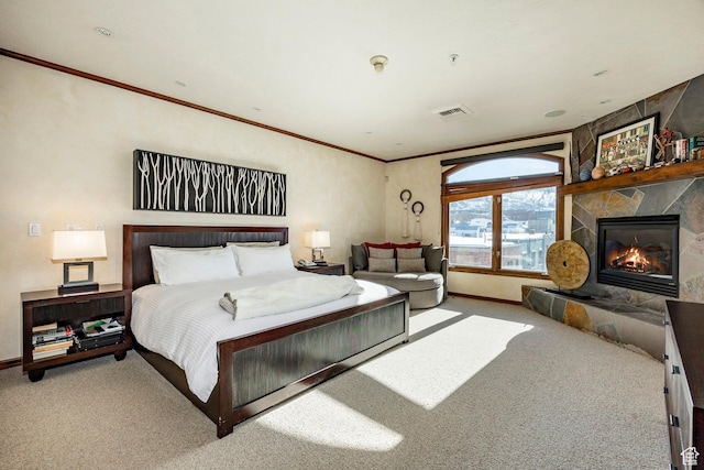 751 Main St Unit 415, Park City, UT 84060 - bedroom featuring ornamental molding, a fireplace, and carpet