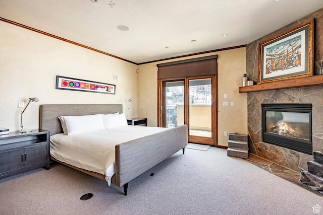 751 Main St Unit 415, Park City, UT 84060 - carpeted bedroom with access to outside, ornamental molding, and a large fireplace