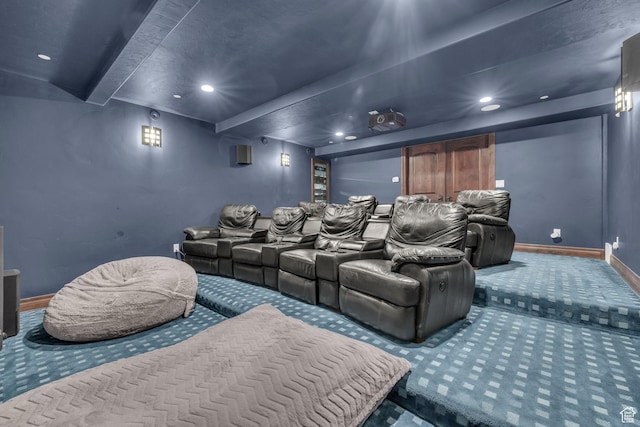4230 Moosehollow Rd, Park City, UT 84098 - carpeted home theater with beam ceiling