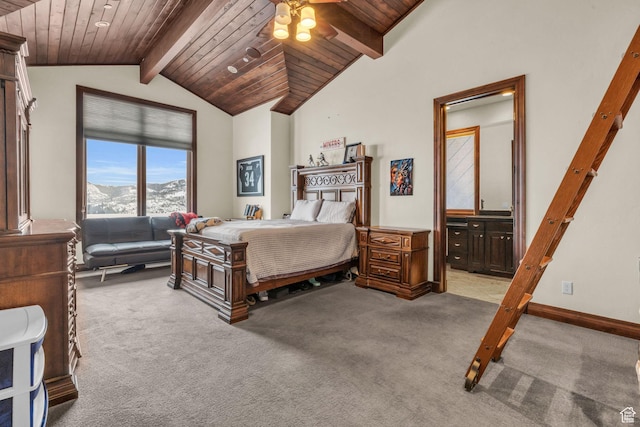 4230 Moosehollow Rd, Park City, UT 84098 - bedroom with a mountain view, lofted ceiling with beams, wooden ceiling, and carpet