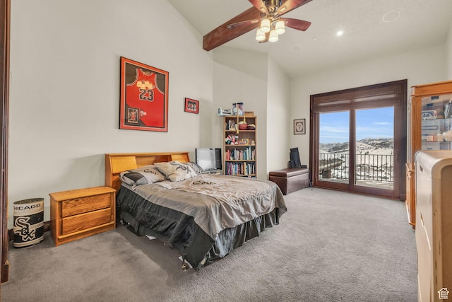 4230 Moosehollow Rd, Park City, UT 84098 - bedroom featuring ceiling fan, access to exterior, high vaulted ceiling, carpet floors, and beamed ceiling