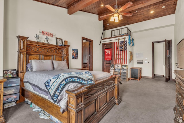 4230 Moosehollow Rd, Park City, UT 84098 - carpeted bedroom featuring a towering ceiling, access to outside, wooden ceiling, and beam ceiling