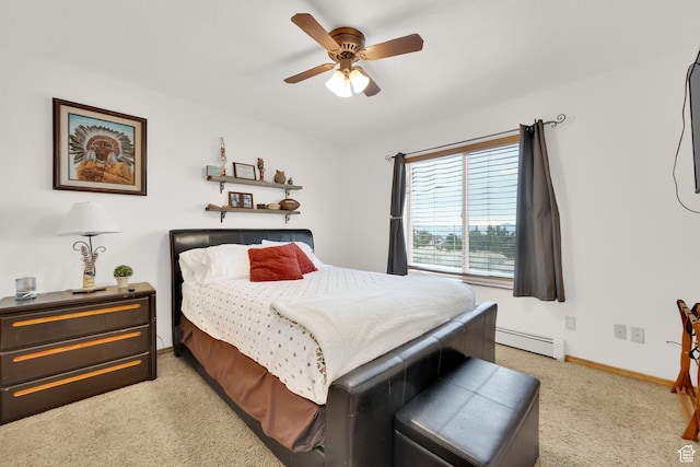 bedroom featuring baseboard heating, light colored carpet, and ceiling fan