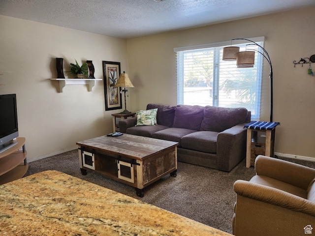 living room with a textured ceiling and dark carpet