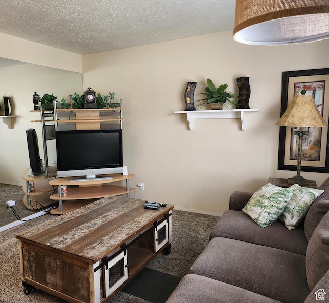carpeted living room with a textured ceiling
