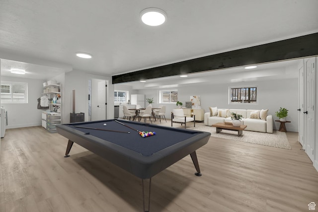 game room featuring baseboards, beamed ceiling, light wood-type flooring, and billiards