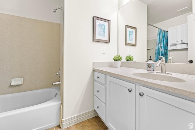 9317 N Prairie Dunes Way, Eagle Mountain, UT 84005 - bathroom featuring vanity, shower / bath combo, and tile patterned floors