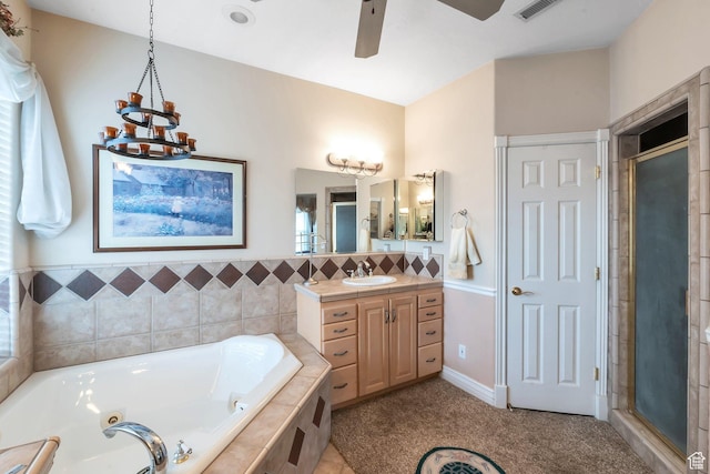 1839 E River Bottom Rd, Springville, UT 84663 - full bathroom with vanity, ceiling fan, a whirlpool tub, a shower stall, and a chandelier